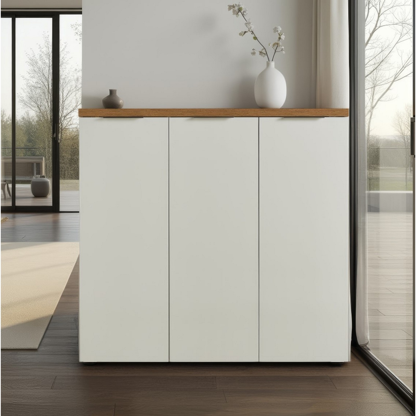Scarpiera 3 ante 10 ripiani interni TORONTO WHITE laccata Bianco lucido top finitura Rovere cm H115 L120,3 P34