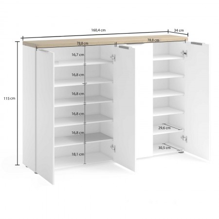 Scarpiera 4 ante 10 ripiani interni TORONTO WHITE laccata Bianco lucido top finitura Rovere cm H115 L160,4 P34
