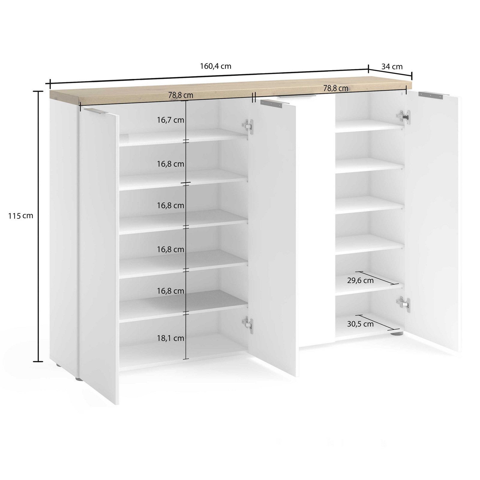 Scarpiera 4 ante 10 ripiani interni TORONTO WHITE laccata Bianco lucido top finitura Rovere cm H115 L160,4 P34