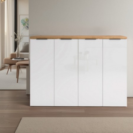 Scarpiera 4 ante 10 ripiani interni TORONTO WHITE laccata Bianco lucido top finitura Rovere cm H115 L160,4 P34