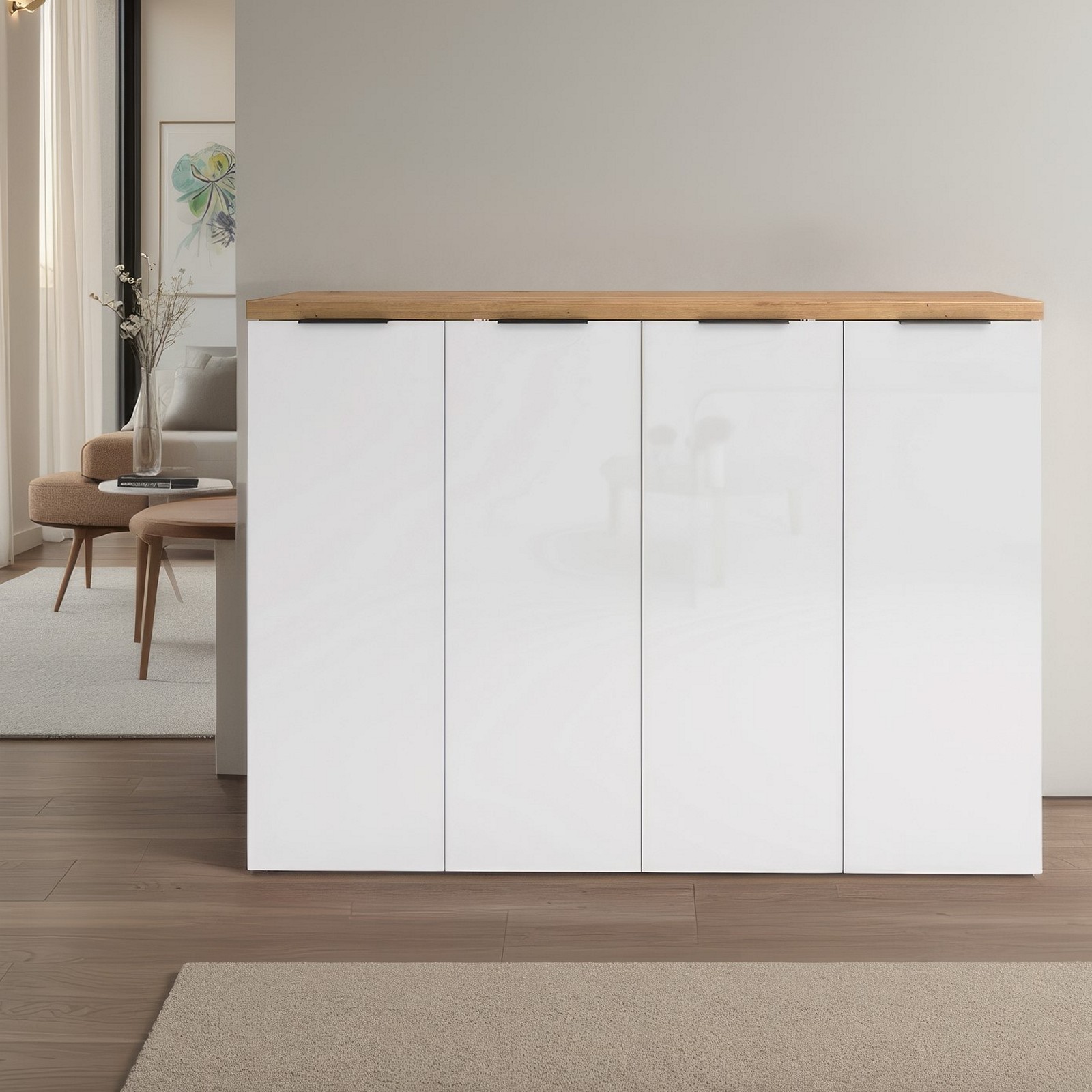 Scarpiera 4 ante 10 ripiani interni TORONTO WHITE laccata Bianco lucido top finitura Rovere cm H115 L160,4 P34