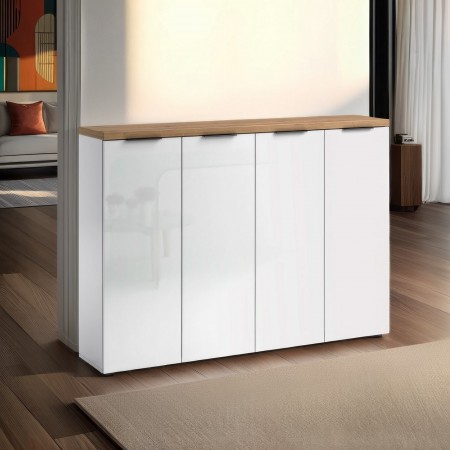 Scarpiera 4 ante 10 ripiani interni TORONTO WHITE laccata Bianco lucido top finitura Rovere cm H115 L160,4 P34