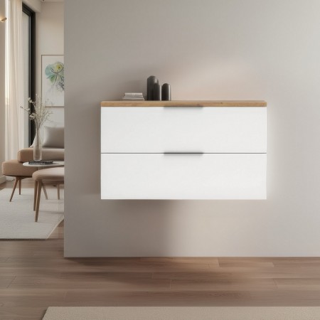 Scarpiera sospesa 2 ante a ribalta TORONTO WHITE laccata Bianco lucido top finitura Rovere cm H81,9 L140 P19