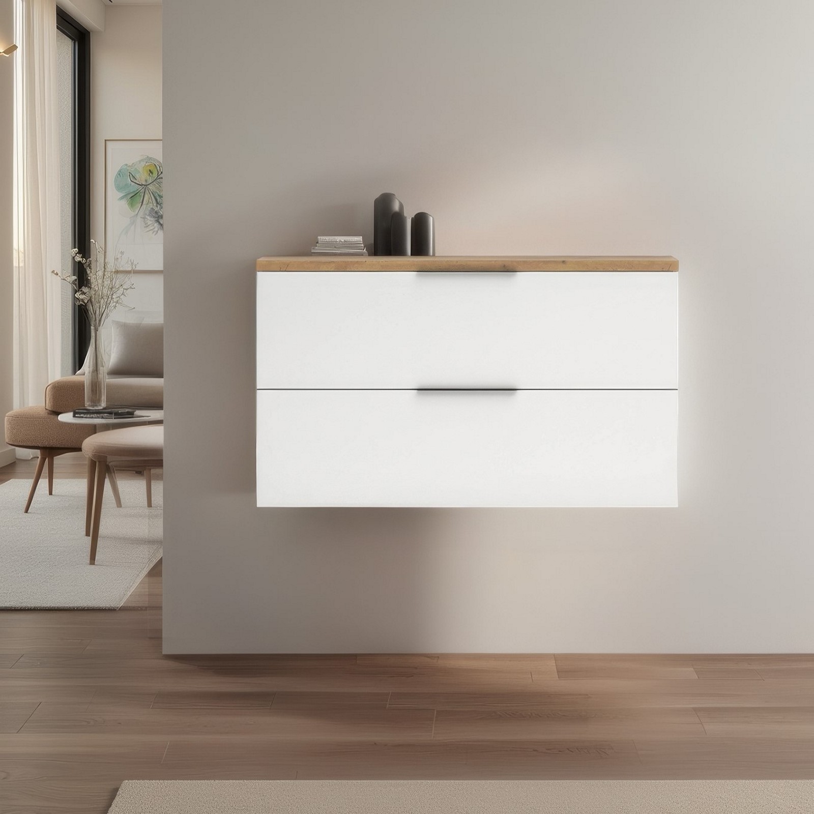 Scarpiera sospesa 2 ante a ribalta TORONTO WHITE laccata Bianco lucido top finitura Rovere cm H81,9 L140 P19