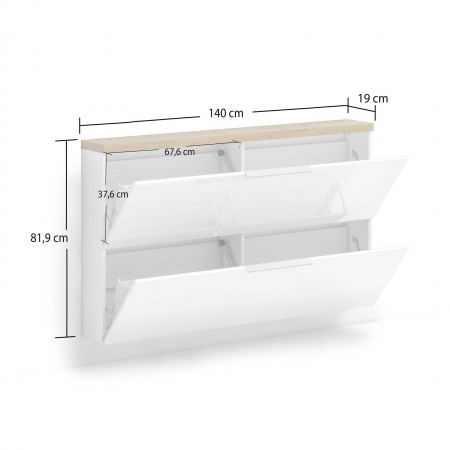Scarpiera sospesa 2 ante a ribalta TORONTO WHITE laccata Bianco lucido top finitura Rovere cm H81,9 L140 P19