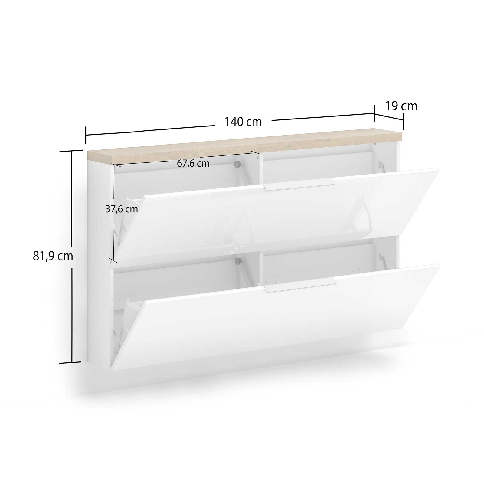 Scarpiera sospesa 2 ante a ribalta TORONTO WHITE laccata Bianco lucido top finitura Rovere cm H81,9 L140 P19