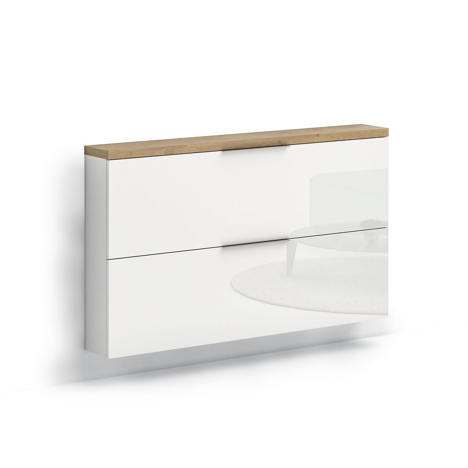Scarpiera sospesa 2 ante a ribalta TORONTO WHITE laccata Bianco lucido top finitura Rovere cm H81,9 L140 P19