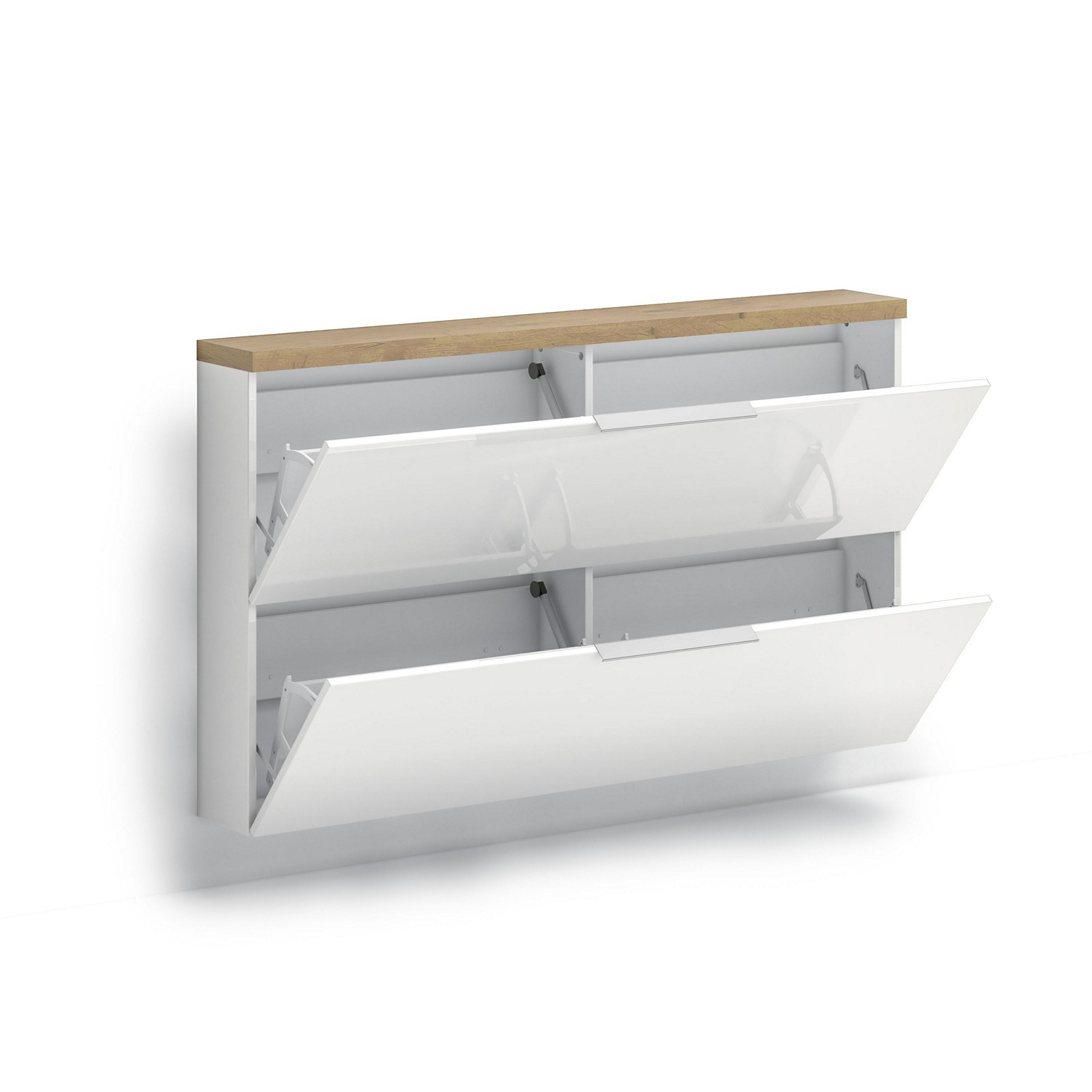 Scarpiera sospesa 2 ante a ribalta TORONTO WHITE laccata Bianco lucido top finitura Rovere cm H81,9 L140 P19