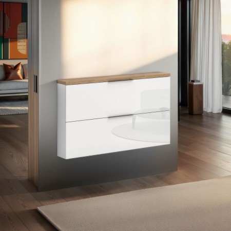 Scarpiera sospesa 2 ante a ribalta TORONTO WHITE laccata Bianco lucido top finitura Rovere cm H81,9 L140 P19