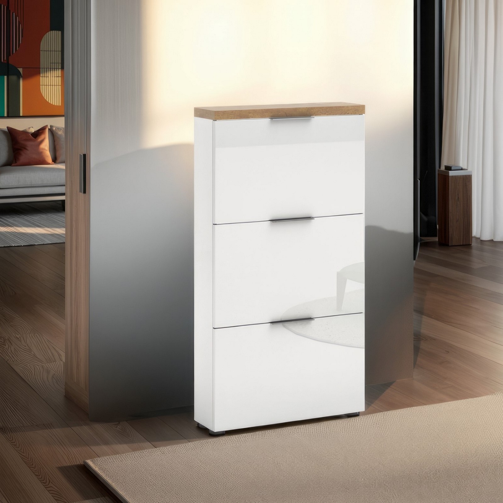 Scarpiera 3 ante a ribalta TORONTO WHITE laccata Bianco lucido top finitura Rovere cm H123 L65 P19,2