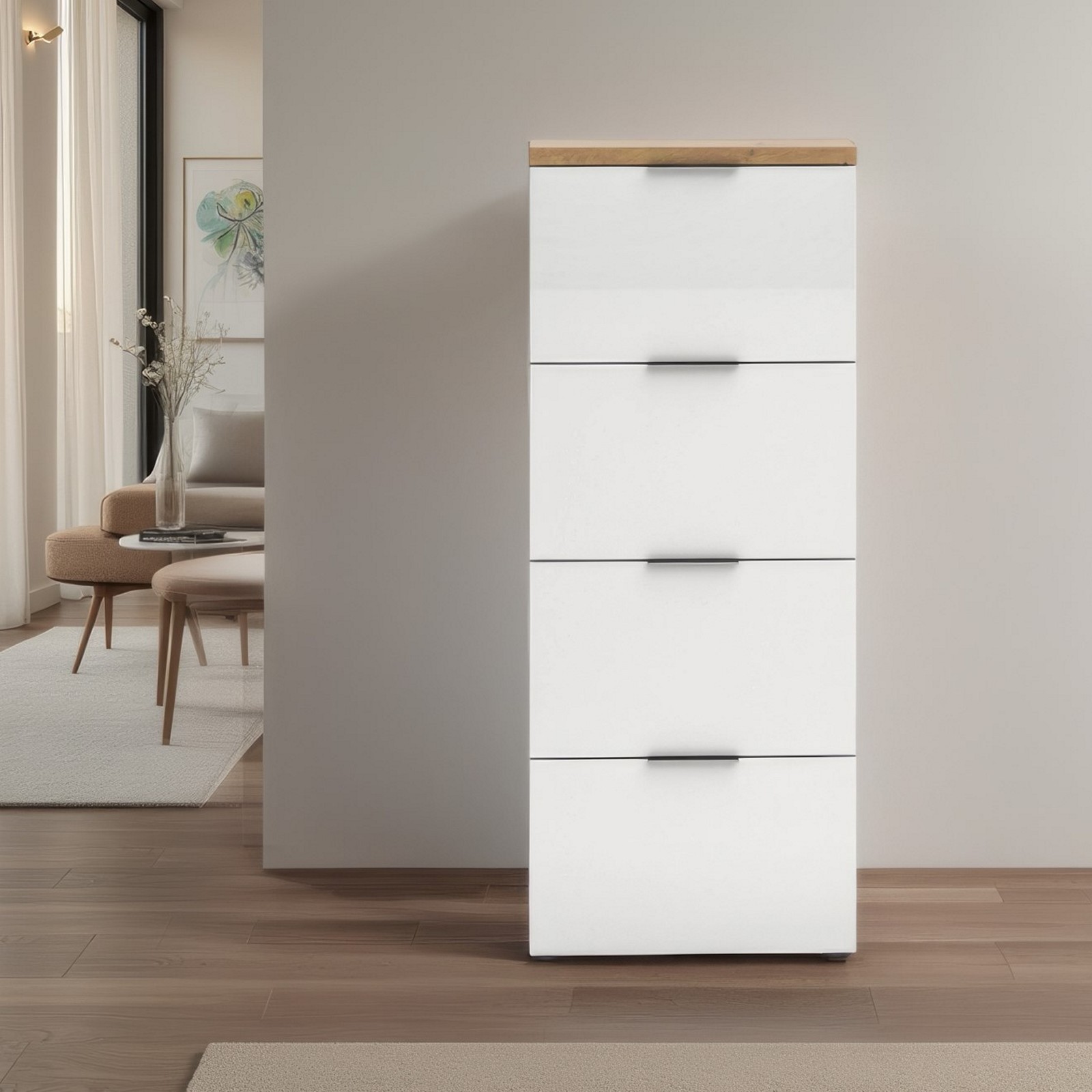 Scarpiera 4 ante a ribalta TORONTO WHITE laccata Bianco lucido top finitura Rovere cm H162 L65 P19,2