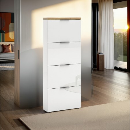 Scarpiera 4 ante a ribalta TORONTO WHITE laccata Bianco lucido top finitura Rovere cm H162 L65 P19,2