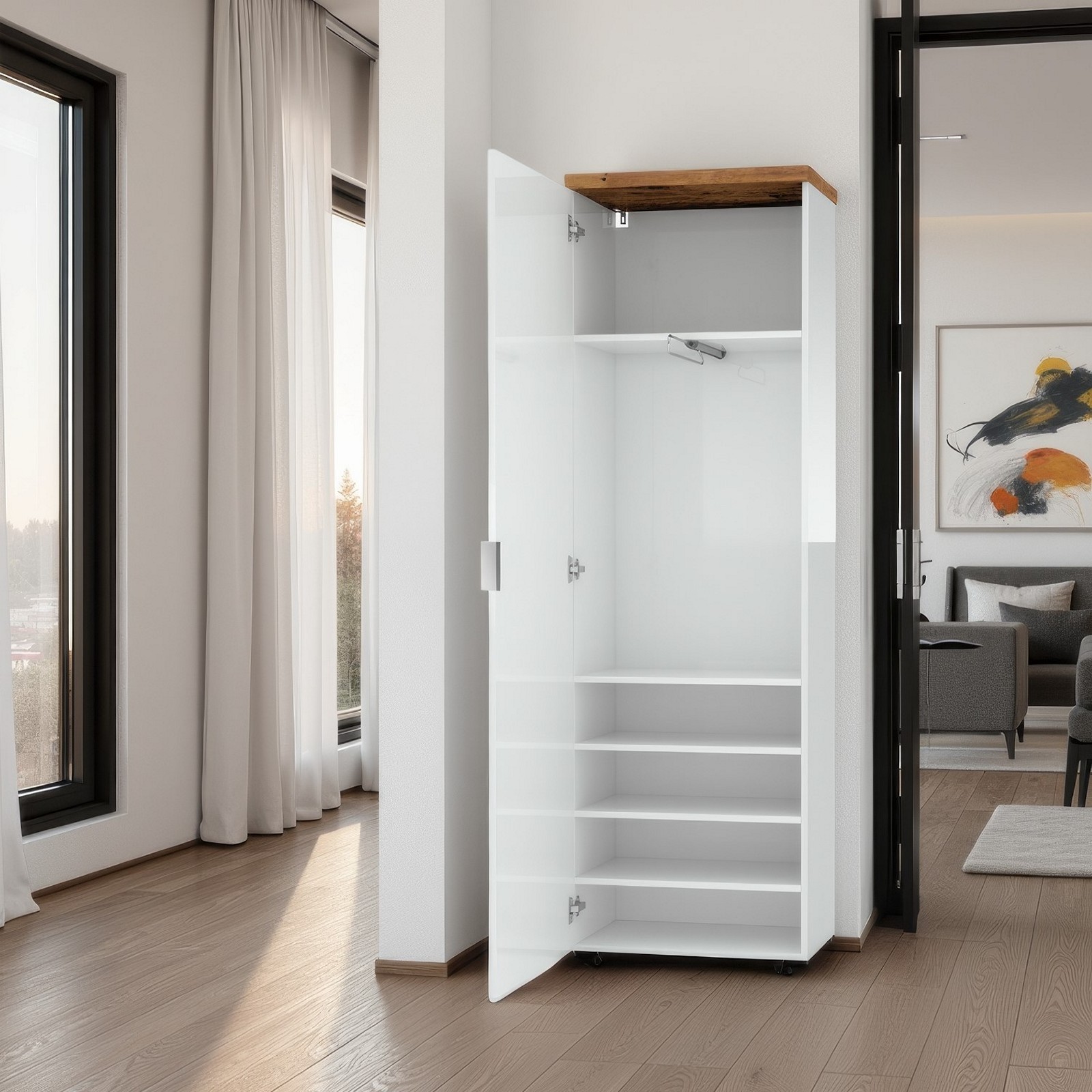 Armadio guardaroba da ingresso 1 anta TORONTO WHITE laccato Bianco lucido top finitura Rovere cm H192 L60 P40