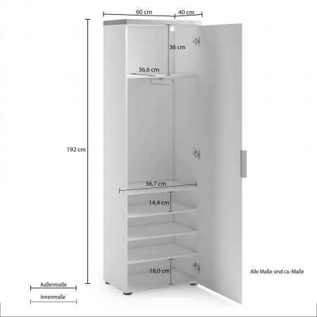 Armadio guardaroba da ingresso 1 anta TORONTO WHITE laccato Bianco lucido top finitura Rovere cm H192 L60 P40