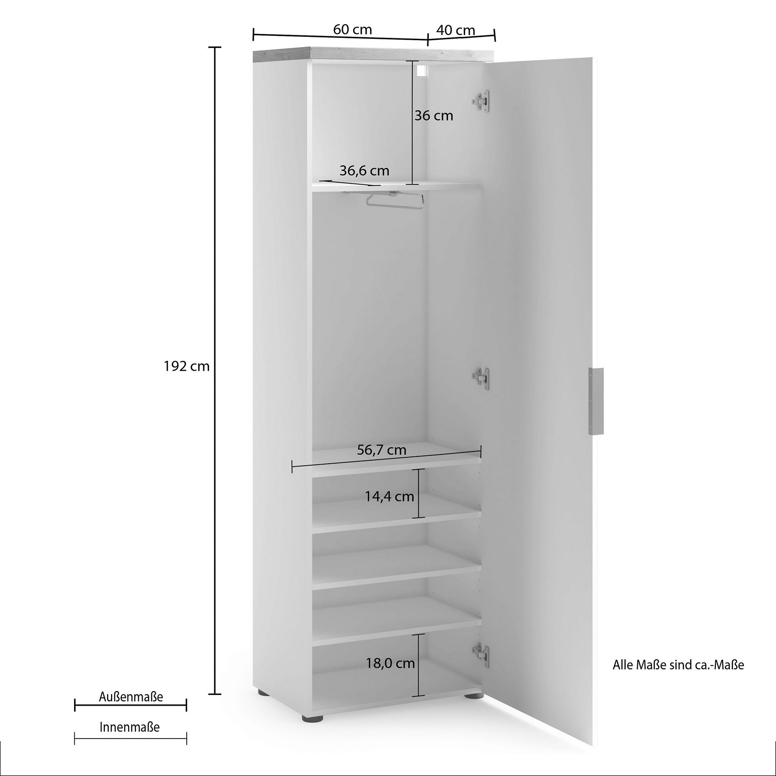 Armadio guardaroba da ingresso 1 anta TORONTO WHITE laccato Bianco lucido top finitura Rovere cm H192 L60 P40