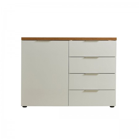 TORONTO WHITE Madia 1 ante 4 cassetti laccata Bianco lucido top finitura Rovere cm H89 L120 P43