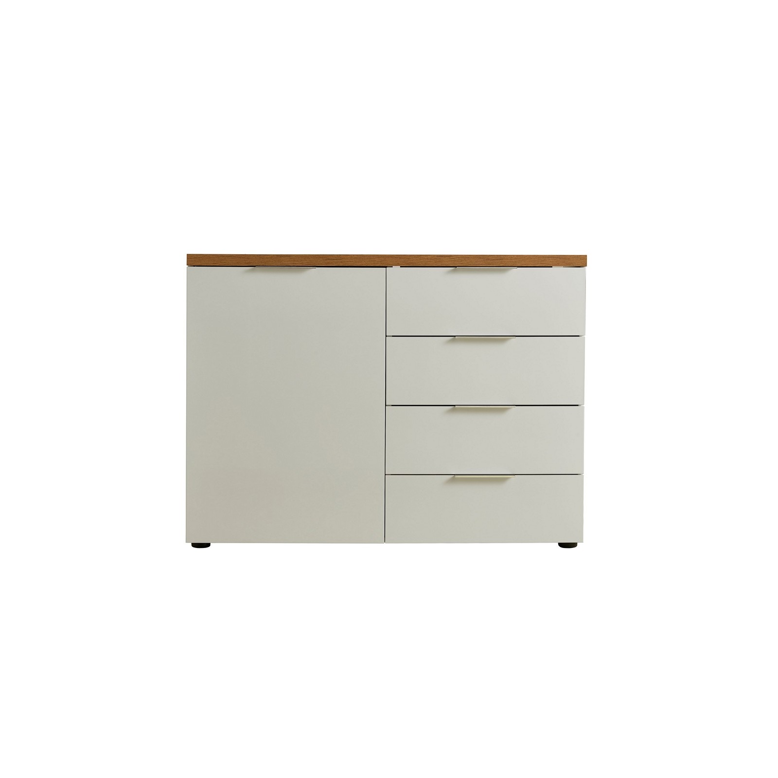 TORONTO WHITE Madia 1 ante 4 cassetti laccata Bianco lucido top finitura Rovere cm H89 L120 P43