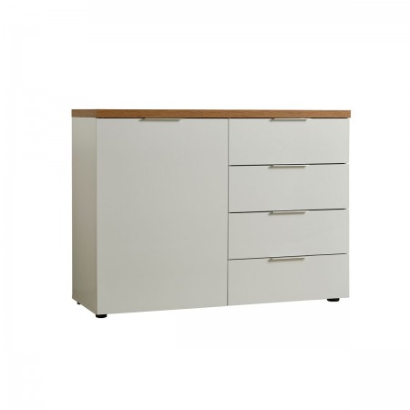 TORONTO WHITE Madia 1 ante 4 cassetti laccata Bianco lucido top finitura Rovere cm H89 L120 P43