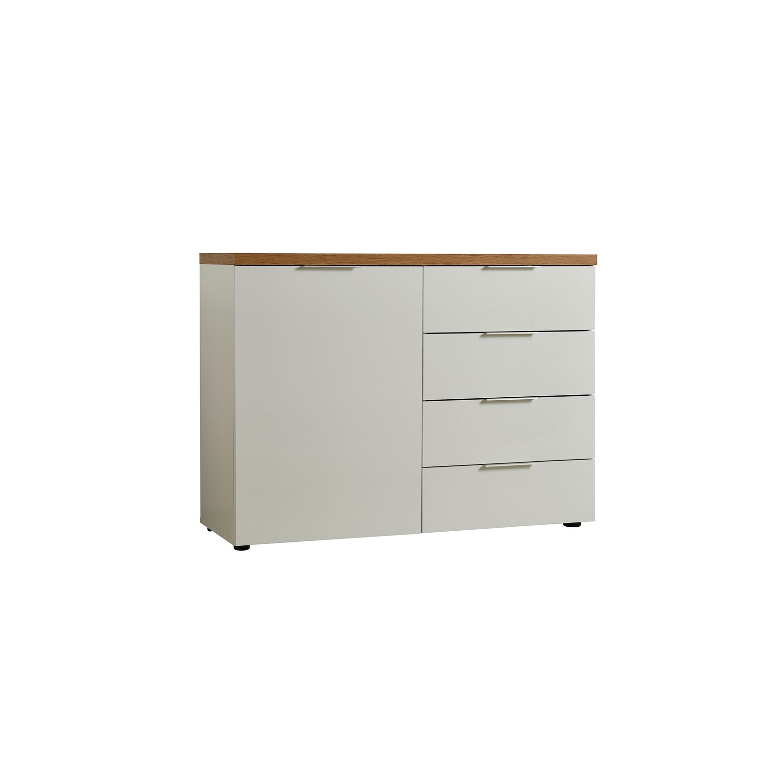 TORONTO WHITE Madia 1 ante 4 cassetti laccata Bianco lucido top finitura Rovere cm H89 L120 P43
