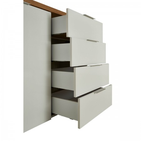 TORONTO WHITE Madia 1 ante 4 cassetti laccata Bianco lucido top finitura Rovere cm H89 L120 P43