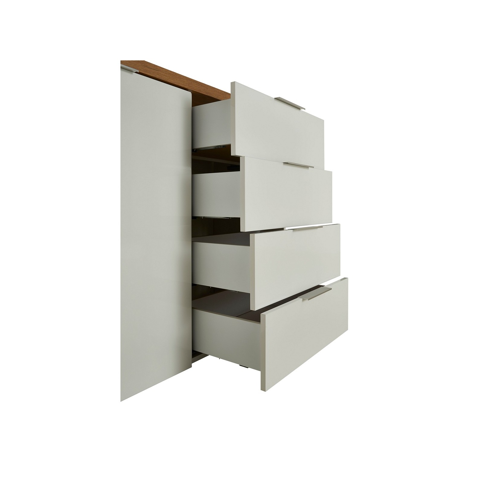 TORONTO WHITE Madia 1 ante 4 cassetti laccata Bianco lucido top finitura Rovere cm H89 L120 P43