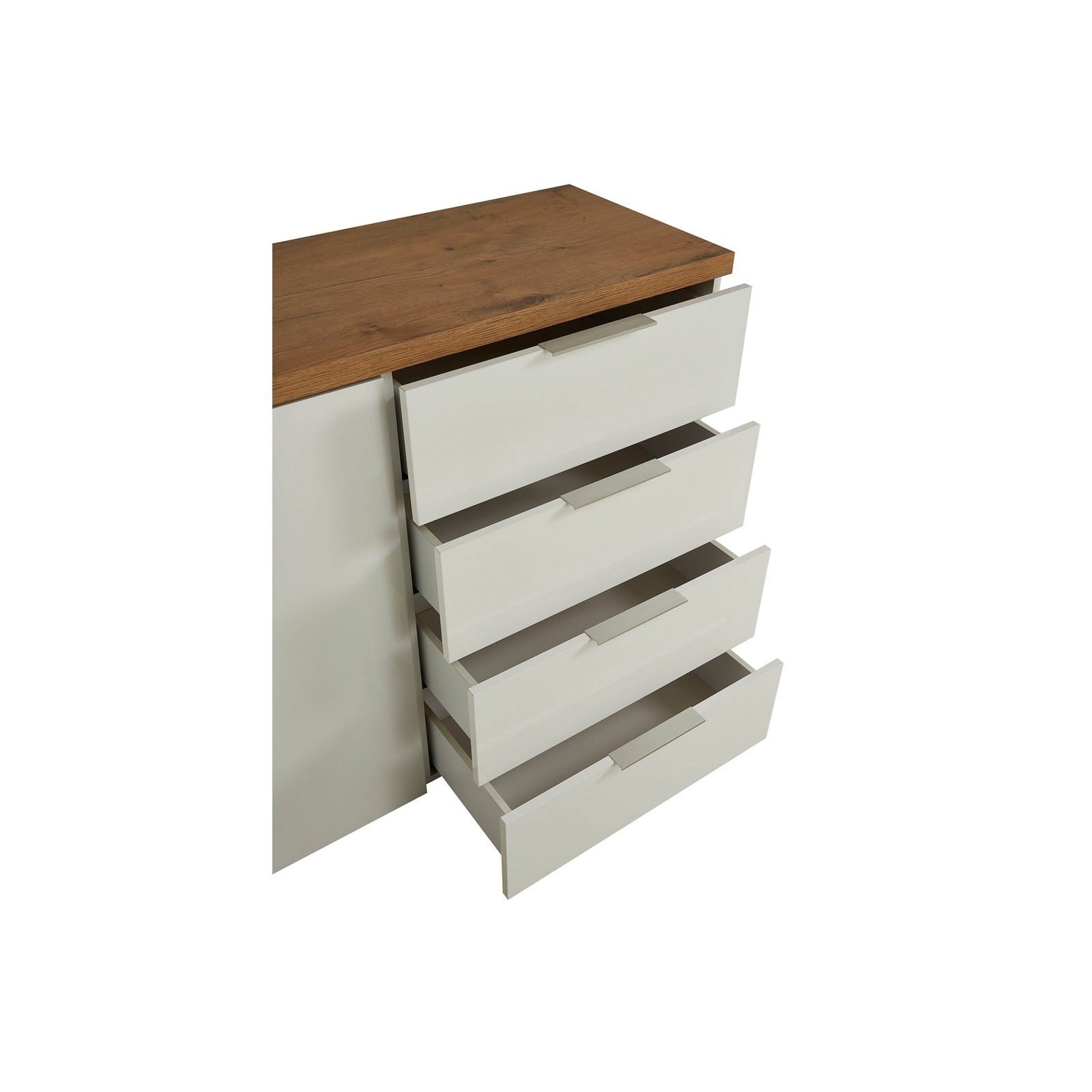 TORONTO WHITE Madia 1 ante 4 cassetti laccata Bianco lucido top finitura Rovere cm H89 L120 P43