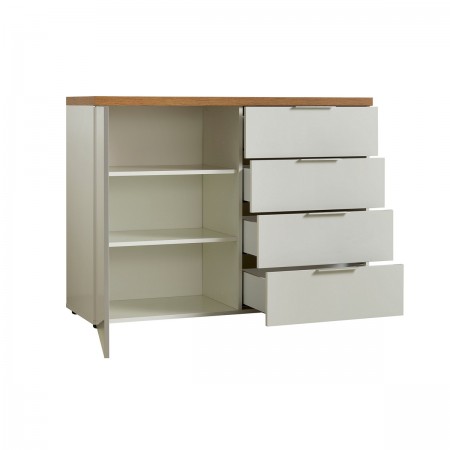 TORONTO WHITE Madia 1 ante 4 cassetti laccata Bianco lucido top finitura Rovere cm H89 L120 P43