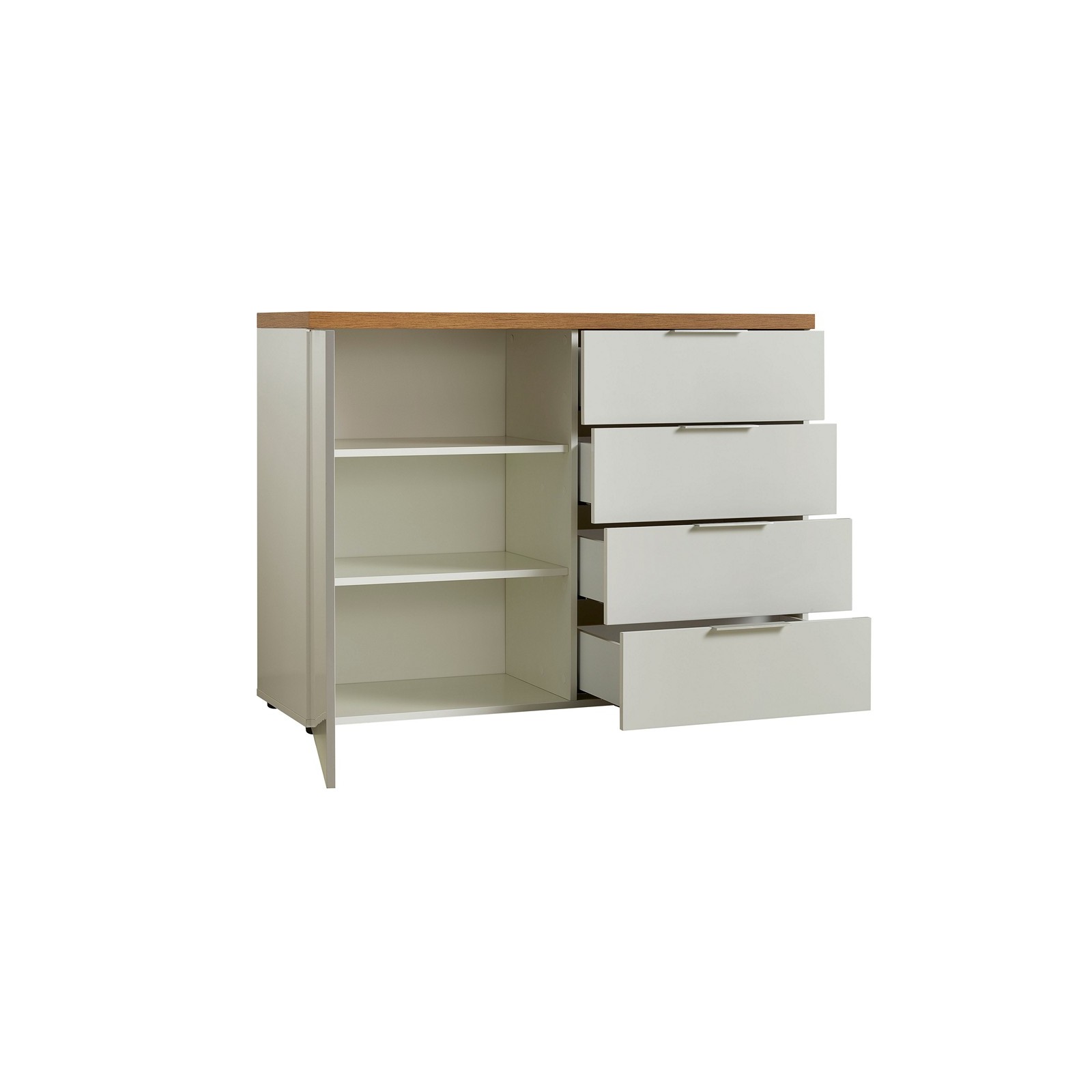 TORONTO WHITE Madia 1 ante 4 cassetti laccata Bianco lucido top finitura Rovere cm H89 L120 P43
