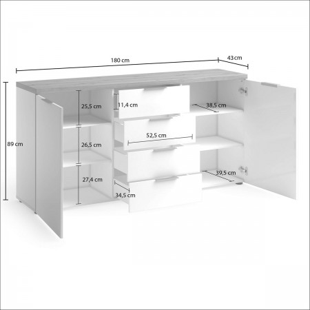 TORONTO WHITE Madia 2 ante 4 cassetti laccata Bianco lucido top finitura Rovere cm H89 L180 P43