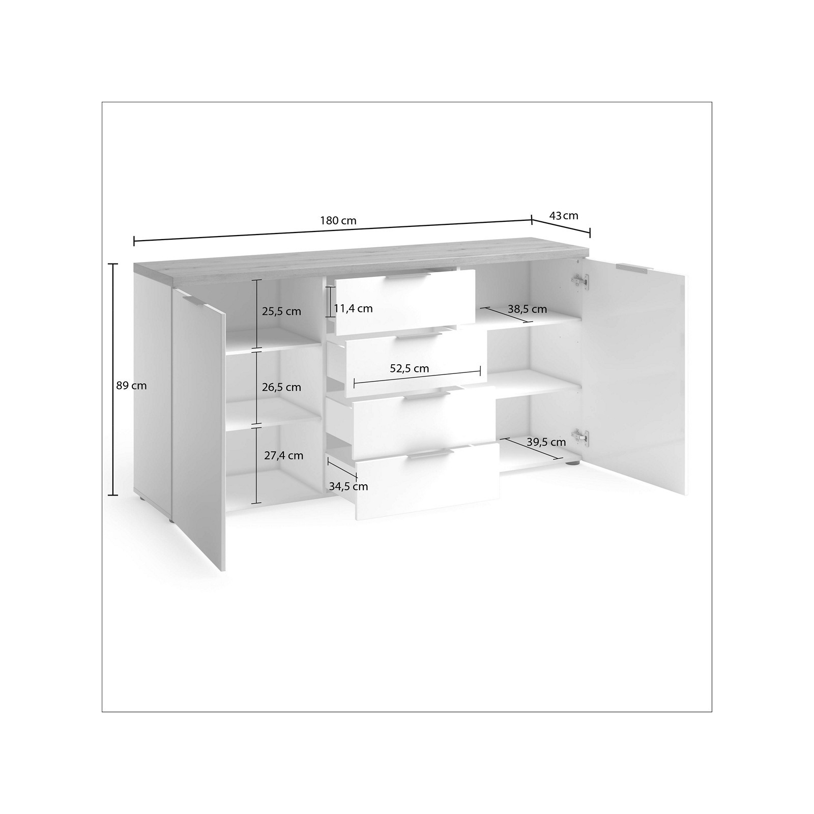 TORONTO WHITE Madia 2 ante 4 cassetti laccata Bianco lucido top finitura Rovere cm H89 L180 P43