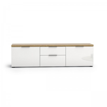 TORONTO WHITE 180 Porta TV 2 ante 2 cassetti  laccata Bianco lucido top finitura Rovere cm H49 L180 P43