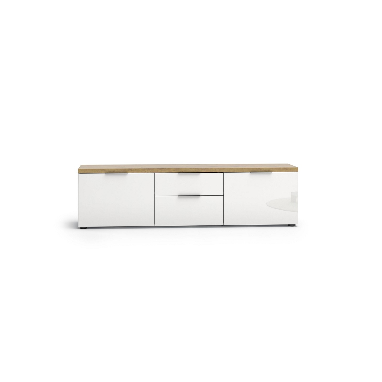 TORONTO WHITE 180 Porta TV 2 ante 2 cassetti  laccata Bianco lucido top finitura Rovere cm H49 L180 P43