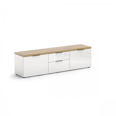 TORONTO WHITE 180 Porta TV 2 ante 2 cassetti  laccata Bianco lucido top finitura Rovere cm H49 L180 P43
