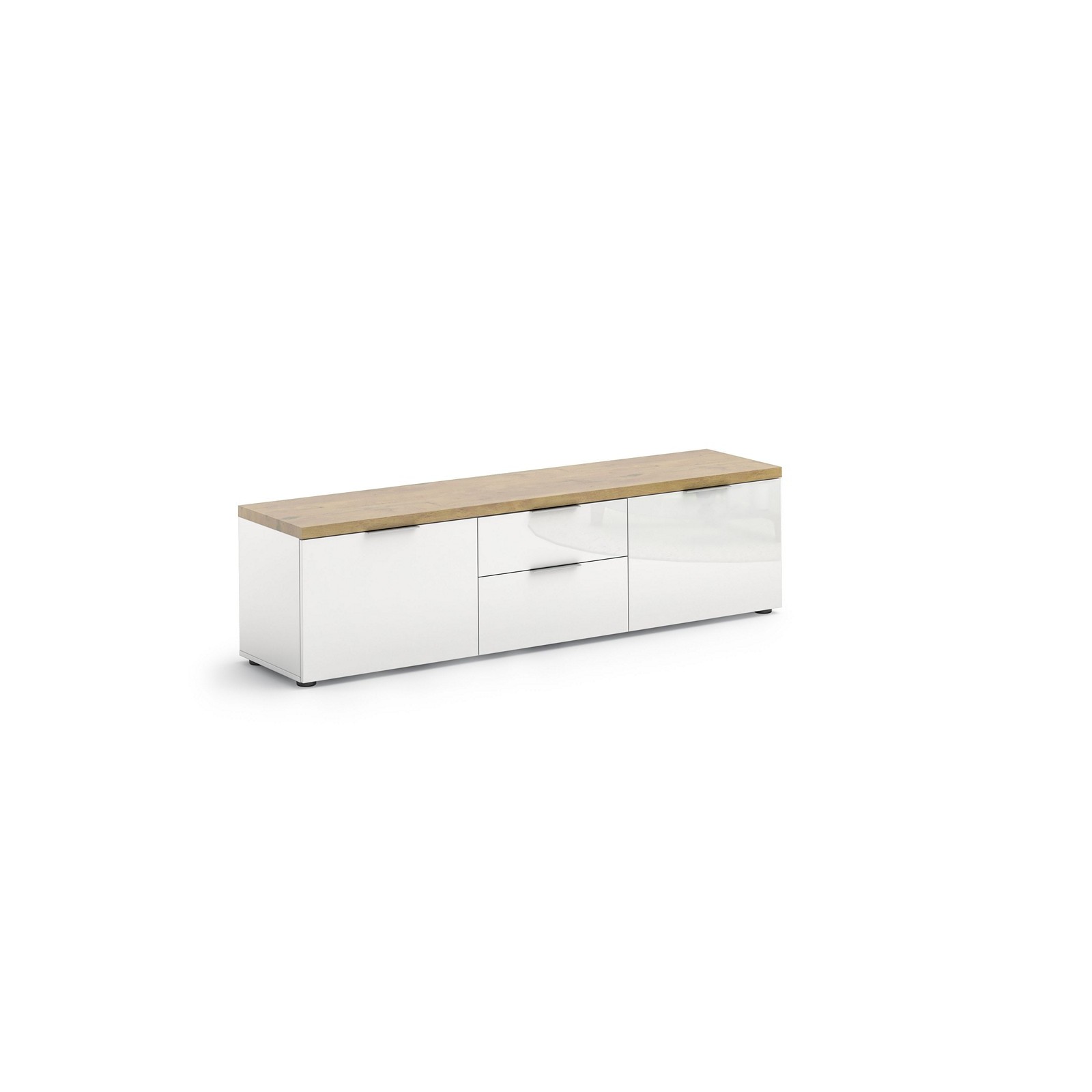 TORONTO WHITE 180 Porta TV 2 ante 2 cassetti  laccata Bianco lucido top finitura Rovere cm H49 L180 P43