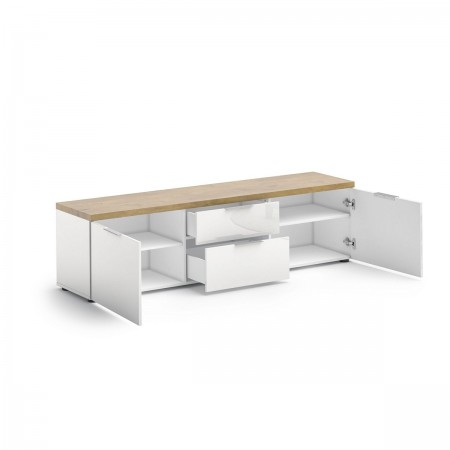 TORONTO WHITE 180 Porta TV 2 ante 2 cassetti  laccata Bianco lucido top finitura Rovere cm H49 L180 P43
