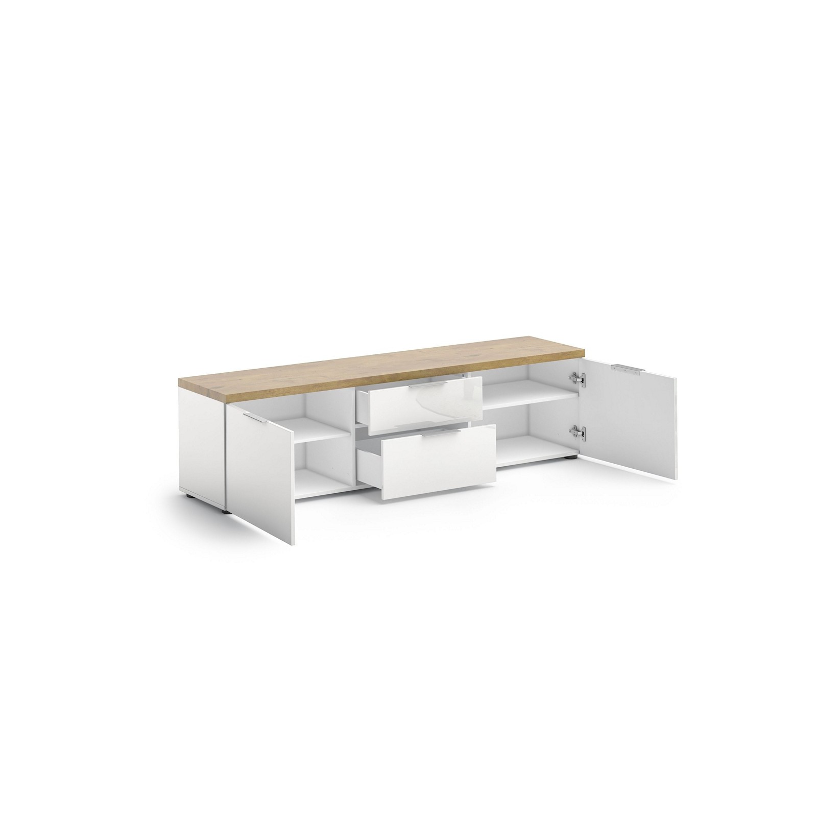 TORONTO WHITE 180 Porta TV 2 ante 2 cassetti  laccata Bianco lucido top finitura Rovere cm H49 L180 P43