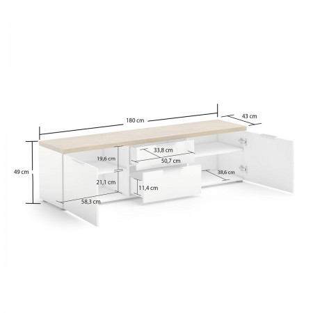 TORONTO WHITE 180 Porta TV 2 ante 2 cassetti  laccata Bianco lucido top finitura Rovere cm H49 L180 P43