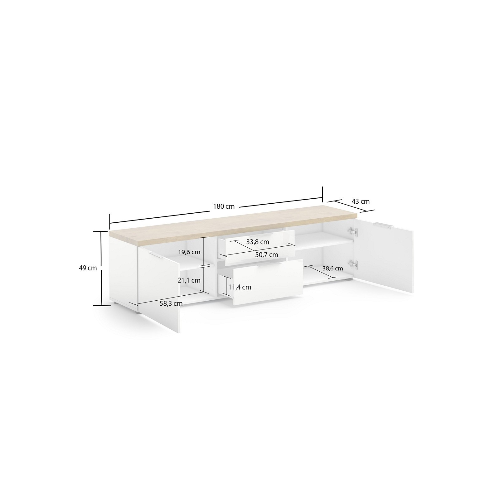 TORONTO WHITE 180 Porta TV 2 ante 2 cassetti  laccata Bianco lucido top finitura Rovere cm H49 L180 P43