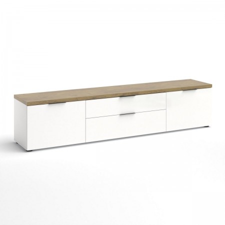 TORONTO WHITE 220 Porta TV 2 ante 2 cassetti laccata Bianco lucido top finitura Rovere cm H49 L220 P43