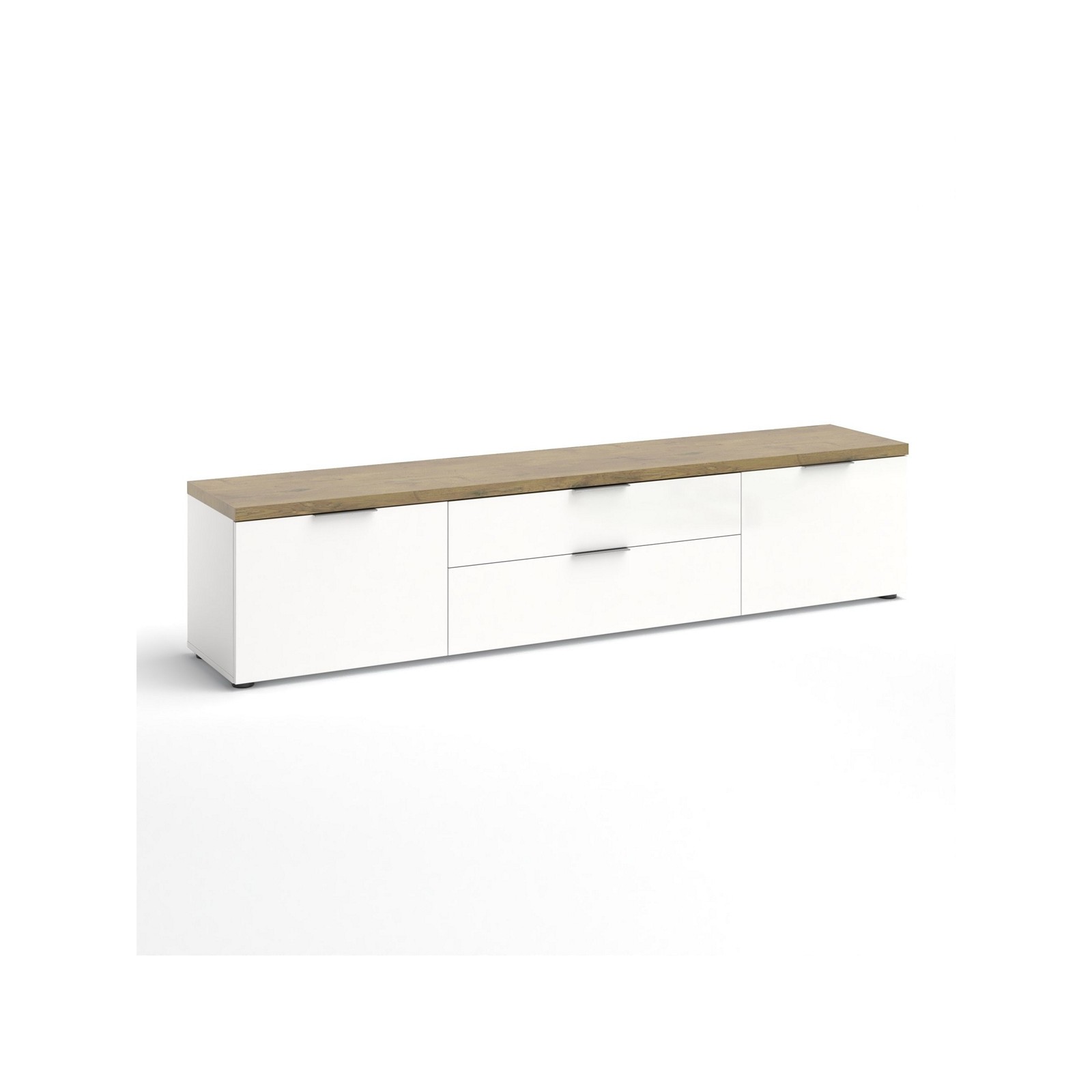 TORONTO WHITE 220 Porta TV 2 ante 2 cassetti laccata Bianco lucido top finitura Rovere cm H49 L220 P43