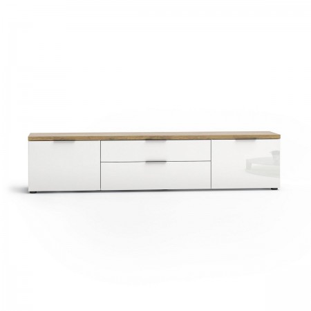 TORONTO WHITE 220 Porta TV 2 ante 2 cassetti laccata Bianco lucido top finitura Rovere cm H49 L220 P43
