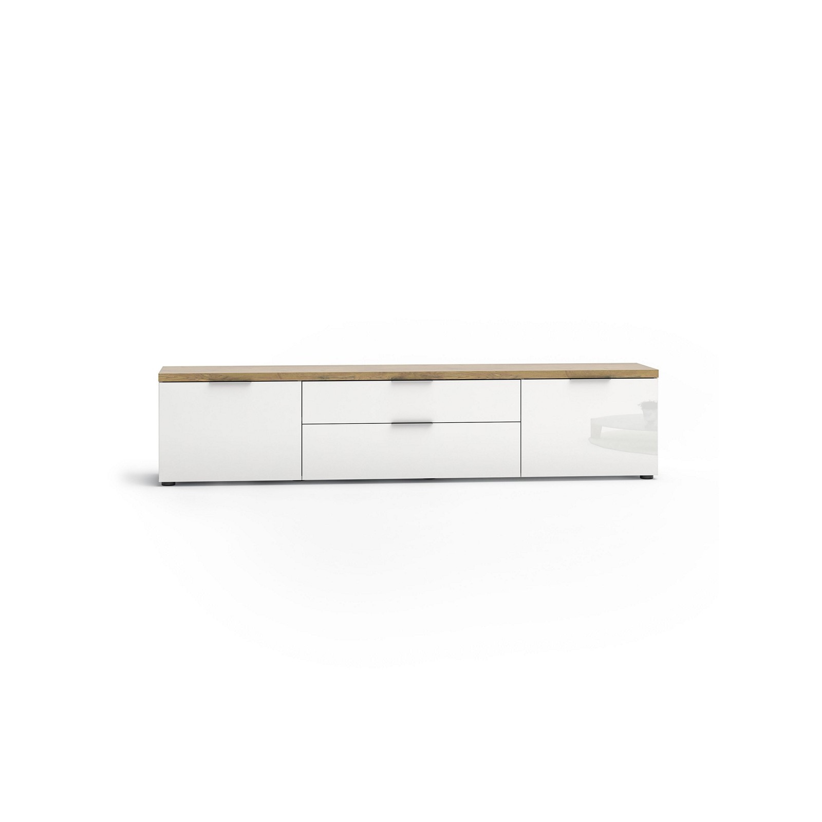 TORONTO WHITE 220 Porta TV 2 ante 2 cassetti laccata Bianco lucido top finitura Rovere cm H49 L220 P43