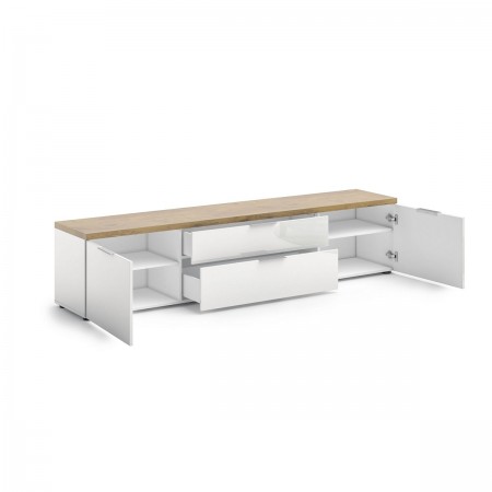 TORONTO WHITE 220 Porta TV 2 ante 2 cassetti laccata Bianco lucido top finitura Rovere cm H49 L220 P43
