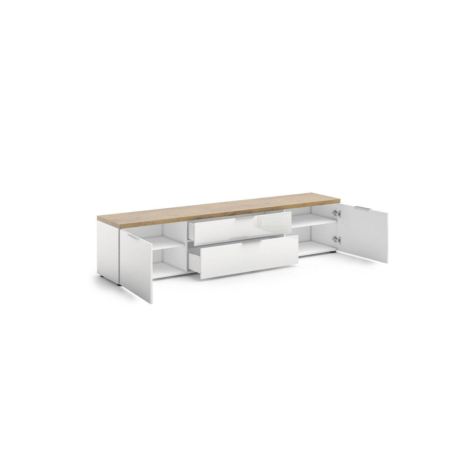 TORONTO WHITE 220 Porta TV 2 ante 2 cassetti laccata Bianco lucido top finitura Rovere cm H49 L220 P43