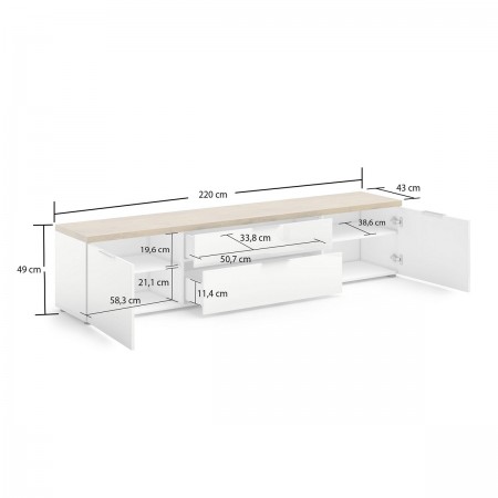TORONTO WHITE 220 Porta TV 2 ante 2 cassetti laccata Bianco lucido top finitura Rovere cm H49 L220 P43
