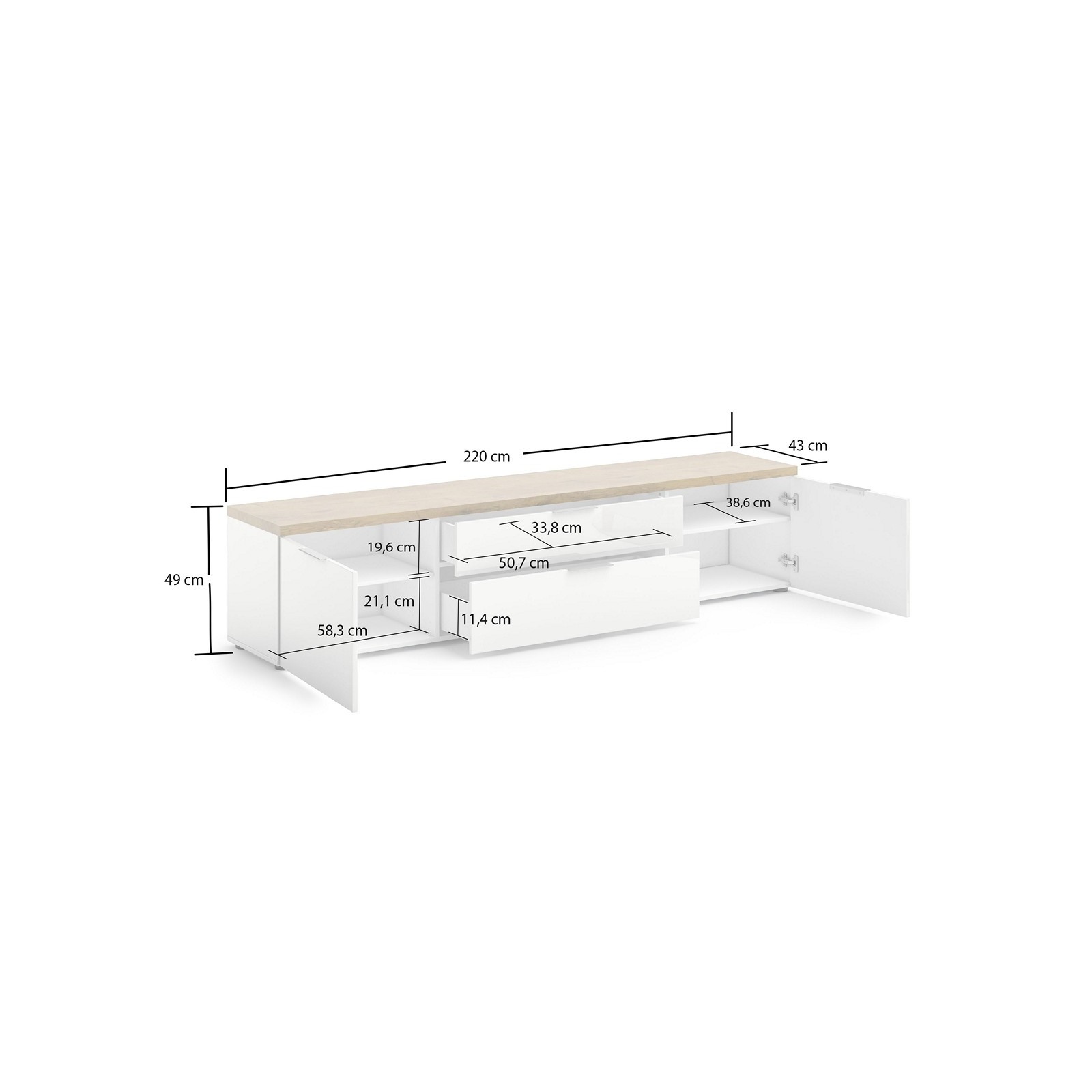TORONTO WHITE 220 Porta TV 2 ante 2 cassetti laccata Bianco lucido top finitura Rovere cm H49 L220 P43