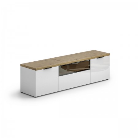 TORONTO WHITE 180 Porta TV 2 ante 1 cassetto  laccata Bianco lucido top finitura Rovere cm H49 L180 P43