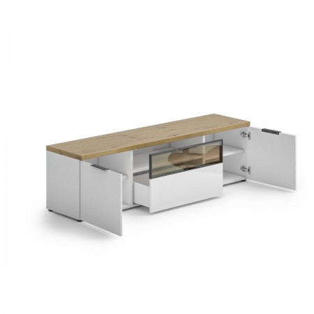TORONTO WHITE 180 Porta TV 2 ante 1 cassetto  laccata Bianco lucido top finitura Rovere cm H49 L180 P43
