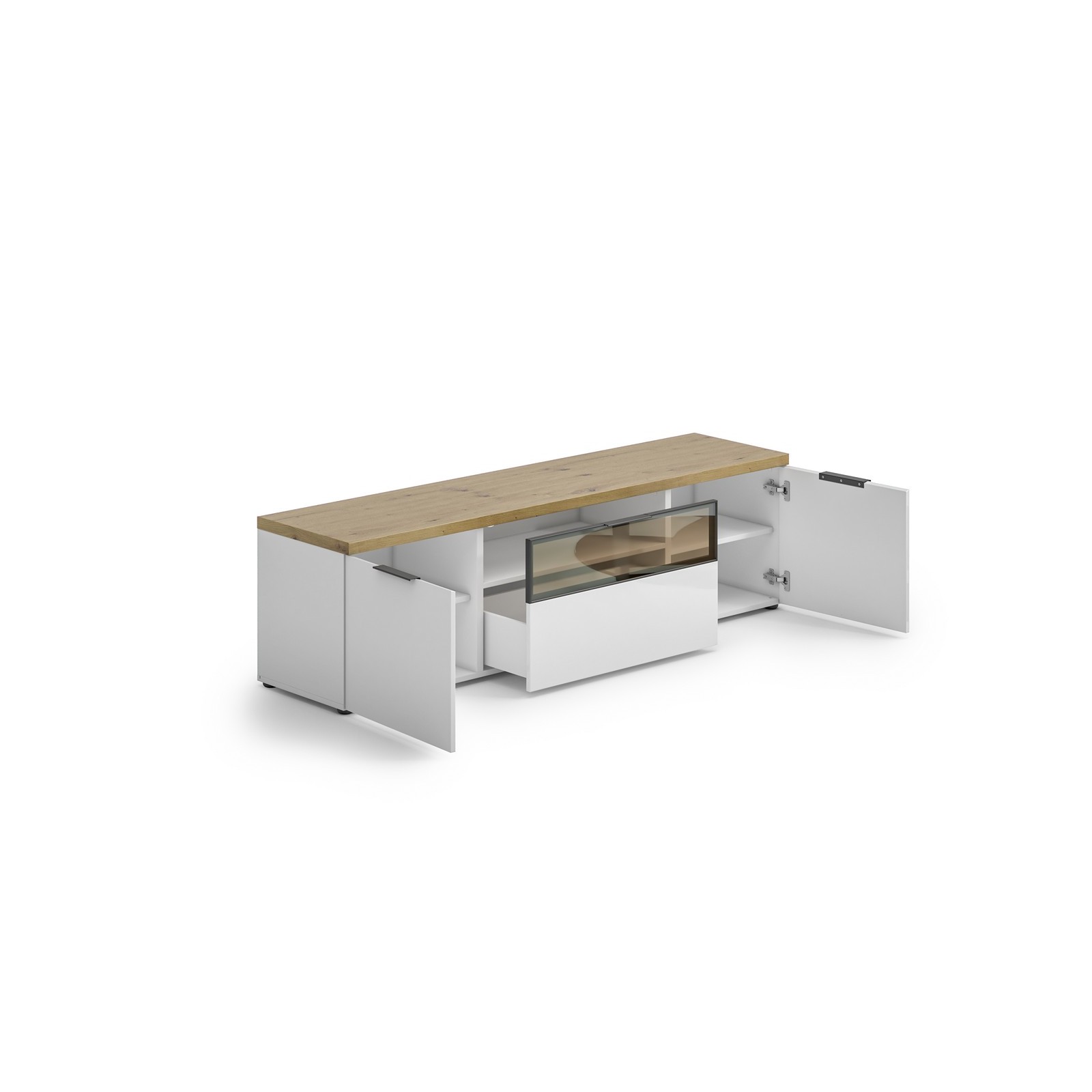 TORONTO WHITE 180 Porta TV 2 ante 1 cassetto  laccata Bianco lucido top finitura Rovere cm H49 L180 P43