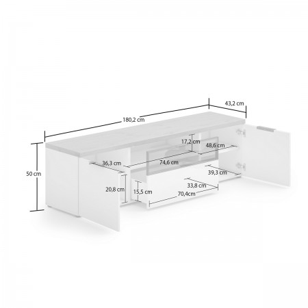 TORONTO WHITE 180 Porta TV 2 ante 1 cassetto  laccata Bianco lucido top finitura Rovere cm H49 L180 P43
